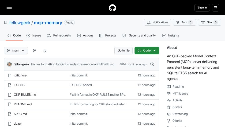 Screenshot of github.com: Show HN: MCP Memory – Fast Agent Memory Using Google's OKF and SQLite FTS5