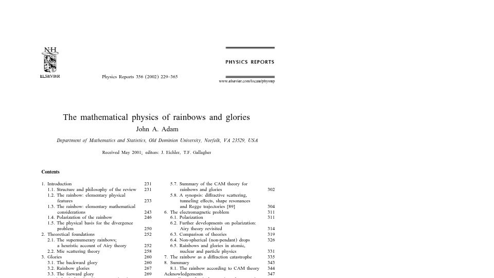 Screenshot of tlakoba.w3.uvm.edu: The mathematical physics of rainbows and glories (2001) [pdf]