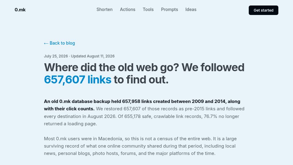 Screenshot of 0.mk: Where did the old web go? We followed 657,607 links to find out