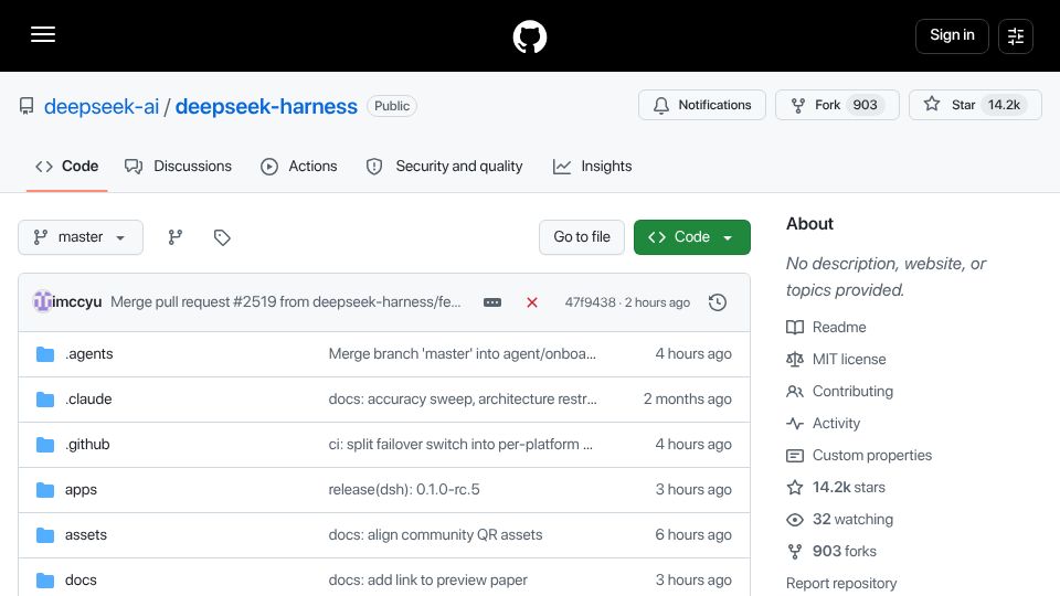 Screenshot of deepseek.com: DeepSeek Harness developer preview