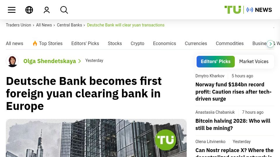 Screenshot of tradersunion.com: Deutsche Bank becomes first foreign yuan clearing bank in Europe