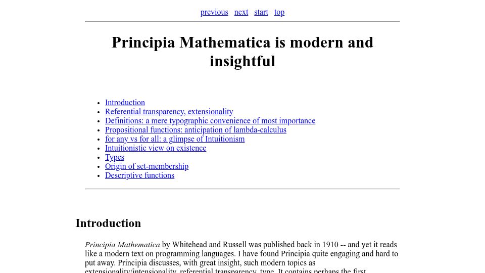 Screenshot of okmij.org: Principia Mathematica is modern and insightful