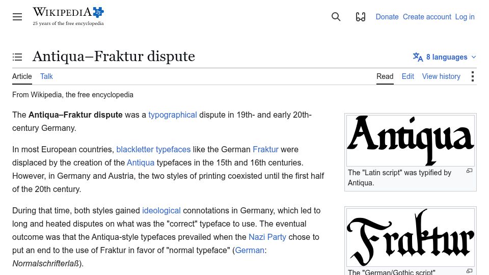 Screenshot of en.wikipedia.org: Antiqua–Fraktur dispute
