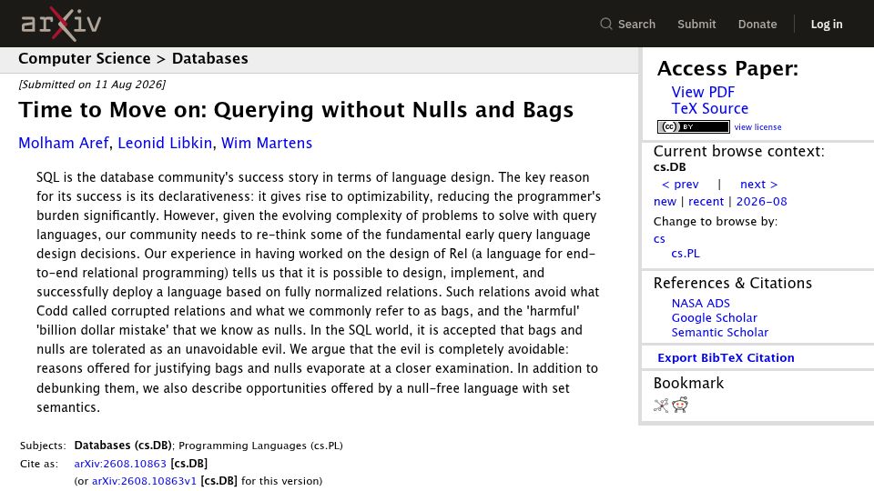Screenshot of arxiv.org: Time to Move On: Querying Without Nulls and Bags