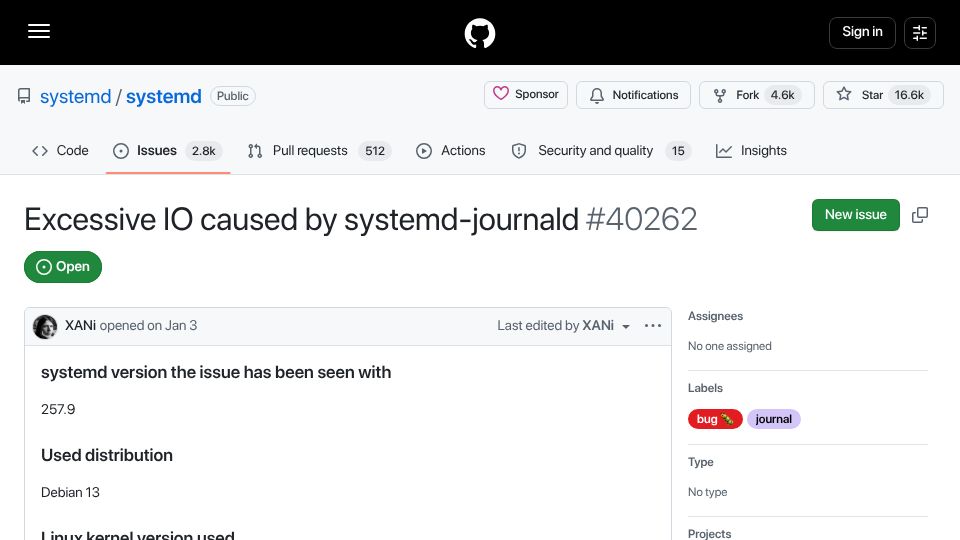 Screenshot of github.com: Single log line is 49KB+ (ext4) / 110KB+ (btrfs) of systemd-journald disk writes
