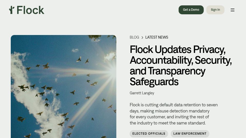 Screenshot of flocksafety.com: Flock updates privacy, accountability, security, and transparency safeguards