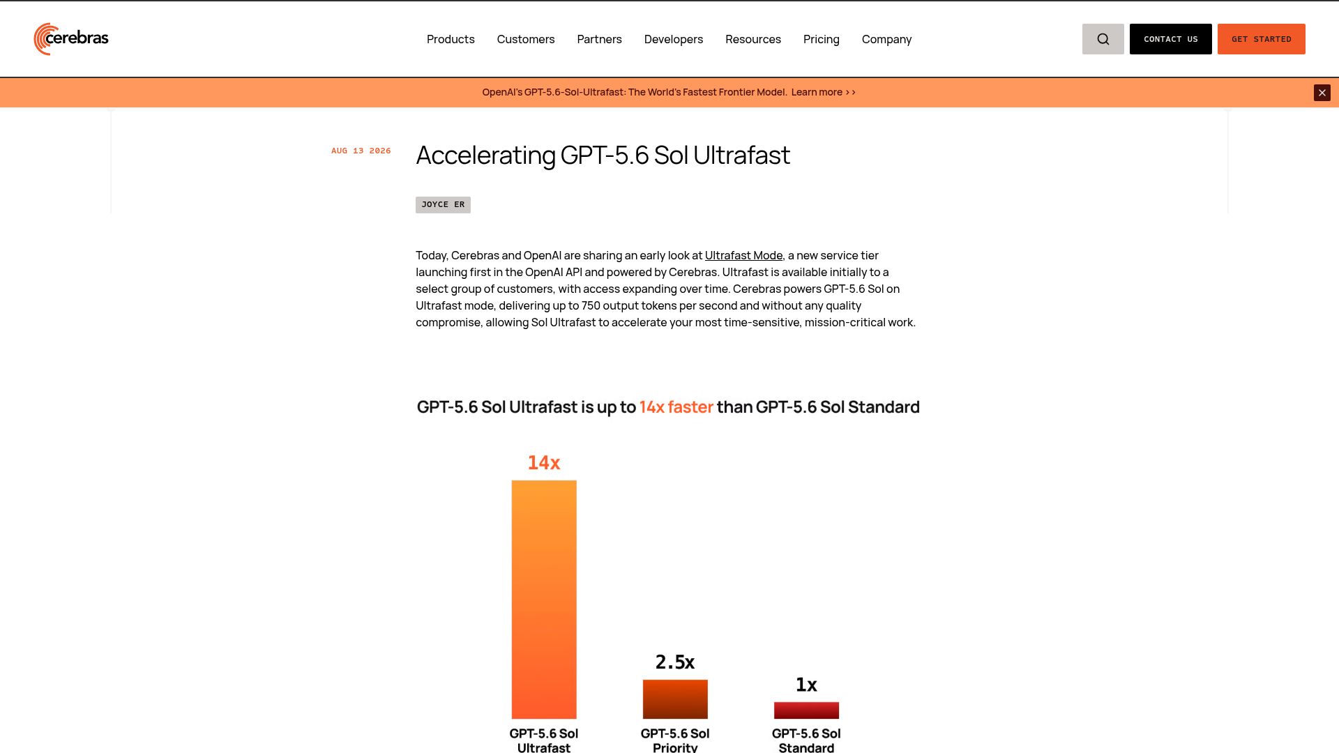 Screenshot of cerebras.ai: Accelerating GPT-5.6 Sol Ultrafast