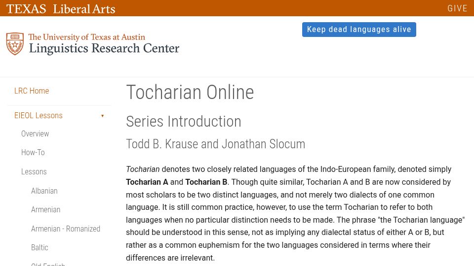Screenshot of lrc.la.utexas.edu: Tocharian Online