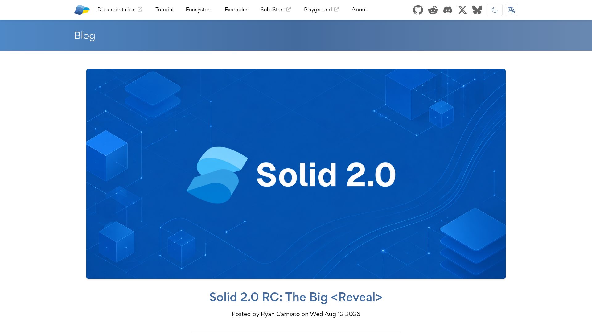 Screenshot of solidjs.com: Solid 2.0 RC: The Big <Reveal>