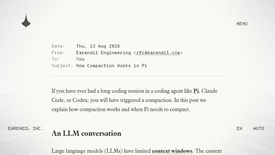 Screenshot of earendil.com: How Compaction Works in Pi