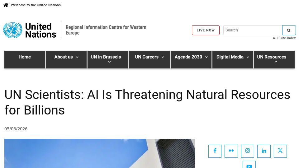 Screenshot of unric.org: AI Is Threatening Natural Resources for Billions
