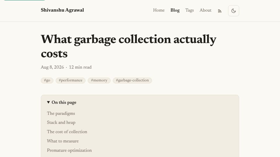 Screenshot of shivanshuag.com: What garbage collection actually costs