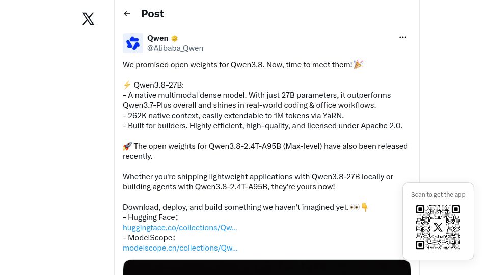 Screenshot of twitter.com: Qwen3.8-27B