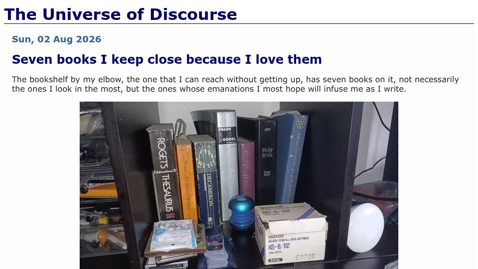 Screenshot of blog.plover.com: Seven books I keep close because I love them