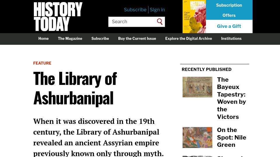 Screenshot of historytoday.com: The Library of Ashurbanipal (2025)