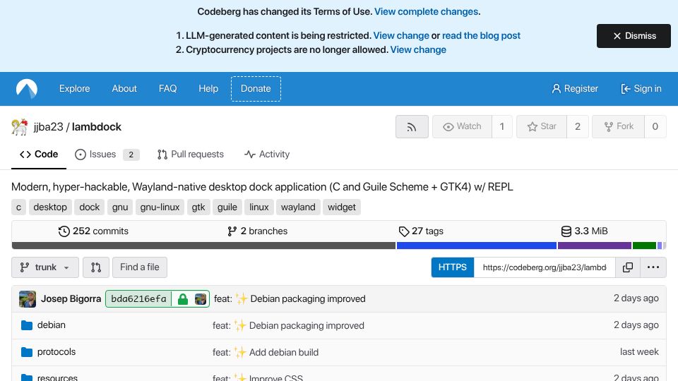 Screenshot of codeberg.org: Show HN: Lambdock – Wayland-native GTK4 dock with a live Lisp REPL