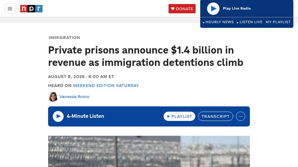 Screenshot of npr.org: Private prisons announce $1.4B in revenue as immigration detentions climb