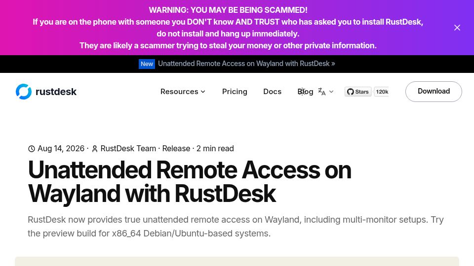 Screenshot of rustdesk.com: RustDesk now supports true unattended remote access on Wayland