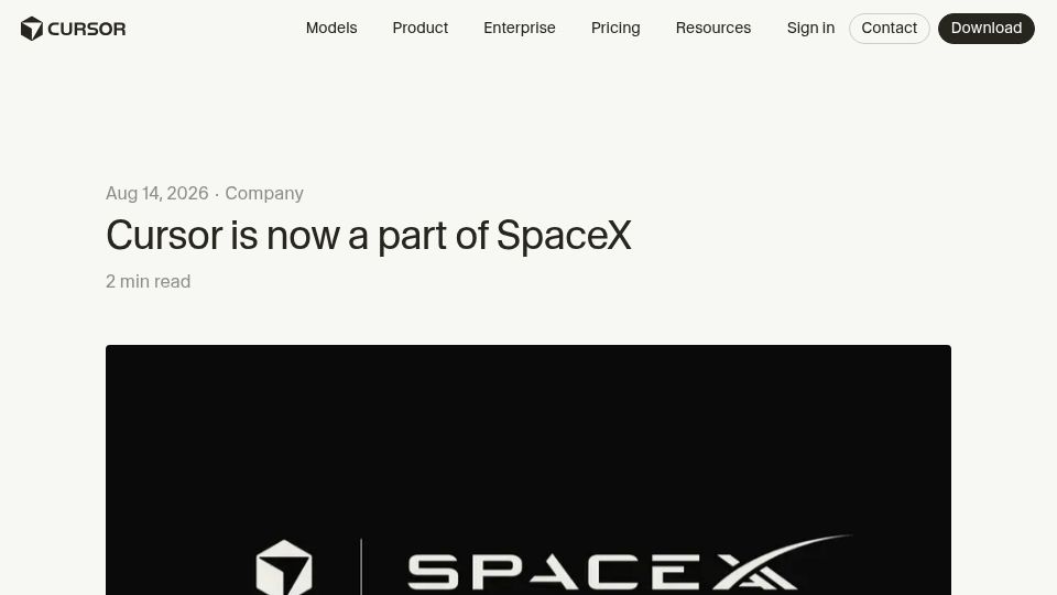Screenshot of cursor.com: Cursor is now a part of SpaceX