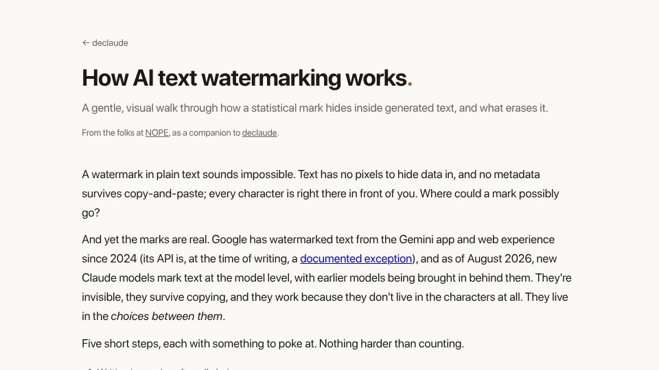 Screenshot of declaude.org: How AI text watermarking works