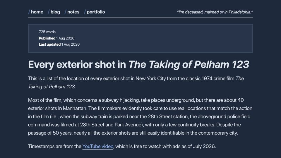 Screenshot of iafisher.com: Every exterior shot in The Taking of Pelham 123