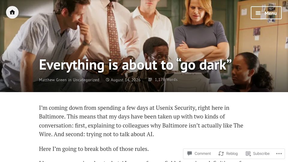 Screenshot of blog.cryptographyengineering.com: Going Dark, and the era of law enforcement hacking