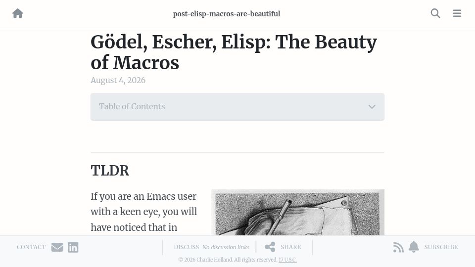 Screenshot of chiply.dev: Gödel, Escher, Elisp: The Beauty of Macros