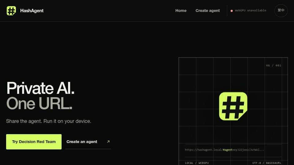 Screenshot of hashagent.pages.dev: HashAgent – Share an AI agent as a URL, runs locally via WebGPU