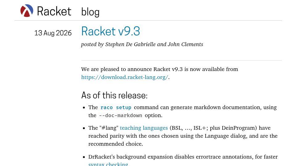 Screenshot of blog.racket-lang.org: Racket v9.3