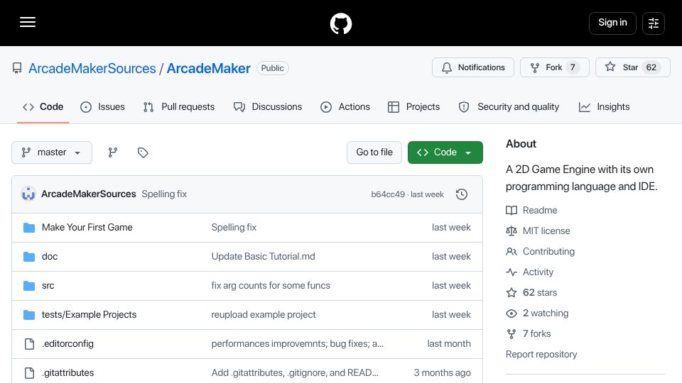 Screenshot of github.com: Show HN: C# Game Engine with its own scripting language and IDE