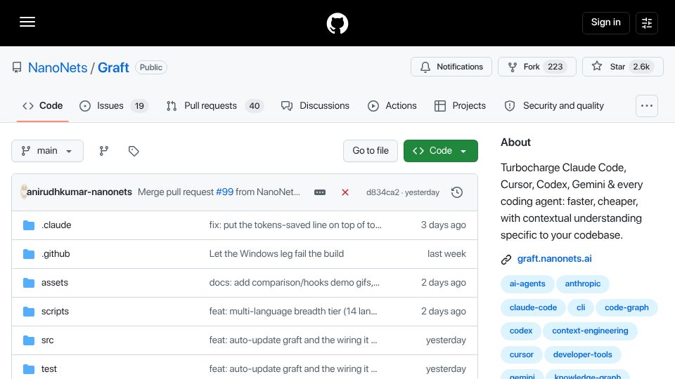 Screenshot of github.com: Show HN: Graft – Claude Code hooks that cut grep tokens by 42%