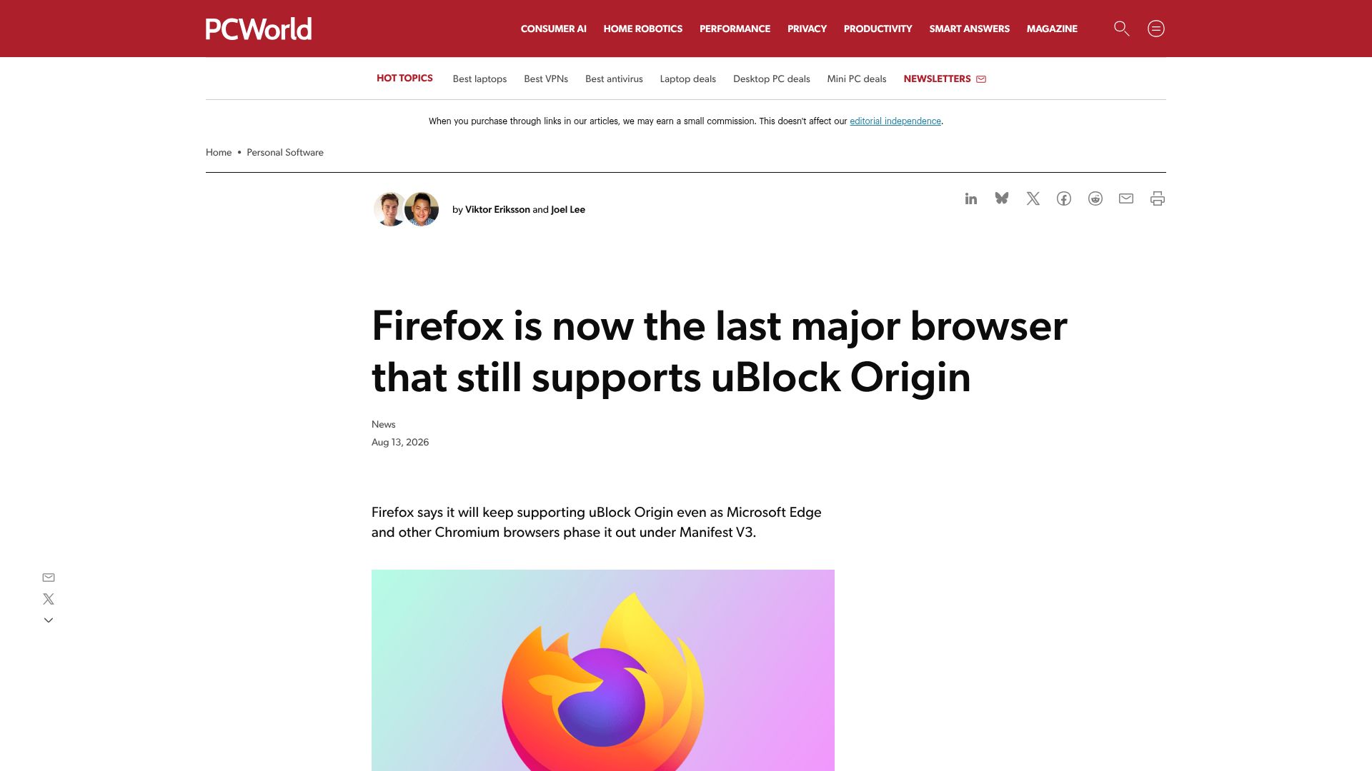 Screenshot of pcworld.com: Firefox is now the last major browser that still supports uBlock Origin