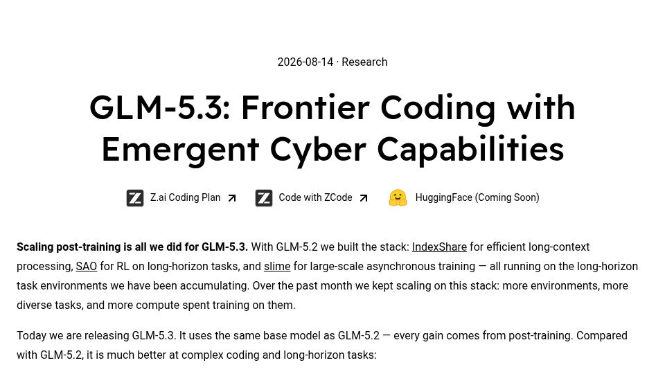 Screenshot of z.ai: GLM-5.3: Frontier coding with emergent cyber capabilities