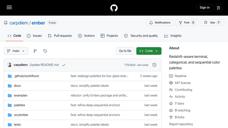 Screenshot of github.com: Show HN: Ember – Redshift safe color palettes
