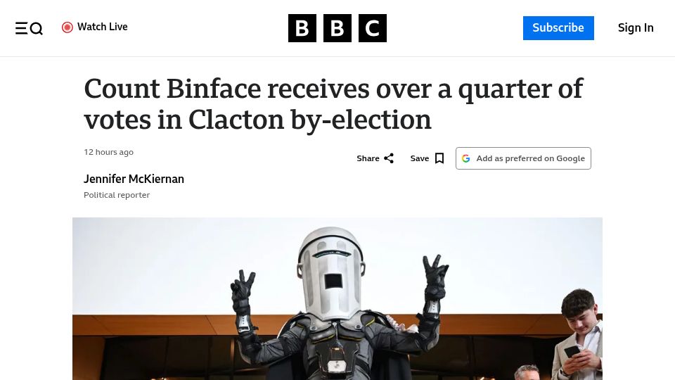Screenshot of bbc.com: Count Binface receives over a quarter of votes in Clacton by-election