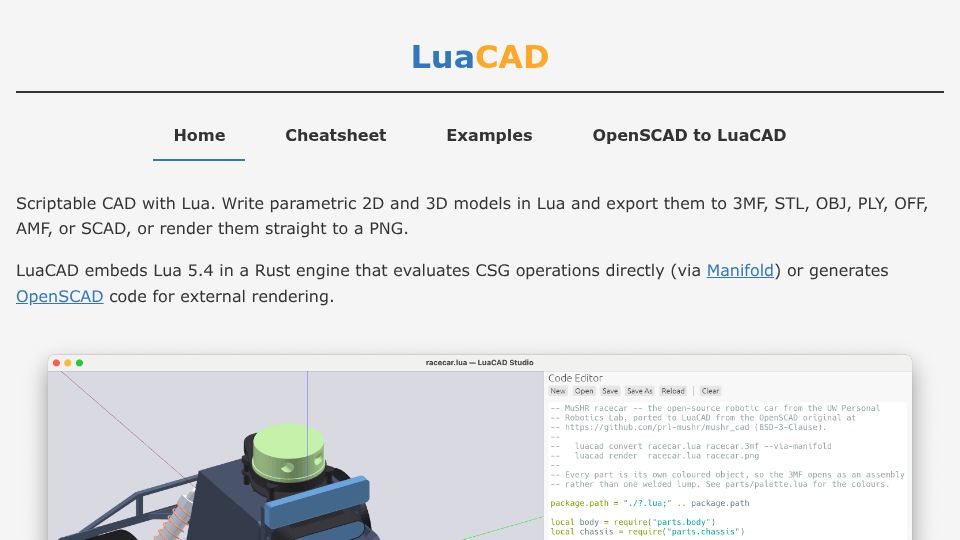 Screenshot of luacad.ad-si.com: Show HN: LuaCAD – Parametric CAD Scripted in Lua