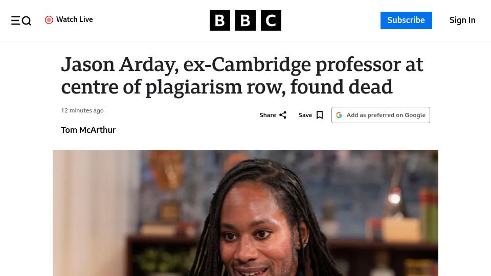 Screenshot of bbc.com: Jason Arday, ex-Cambridge professor at centre of plagiarism row, found dead