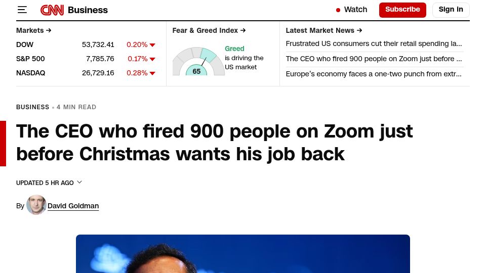 Screenshot of cnn.com: CEO who fired 900 people on Zoom just before Christmas wants his job back