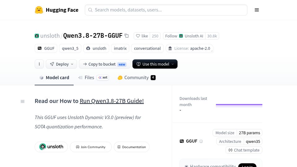 Screenshot of huggingface.co: Unsloth Qwen3.8-27B GGUF files