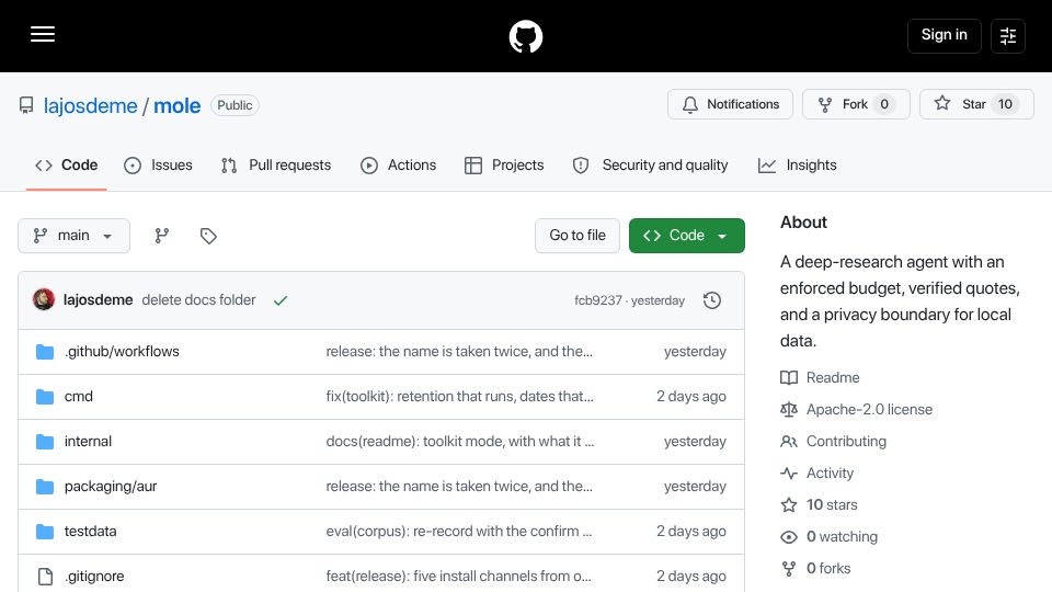 Screenshot of github.com: Show HN: Mole – Deep research agent for your terminal