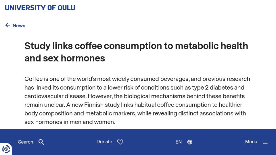 Screenshot of oulu.fi: Study links coffee consumption to metabolic health and sex hormones
