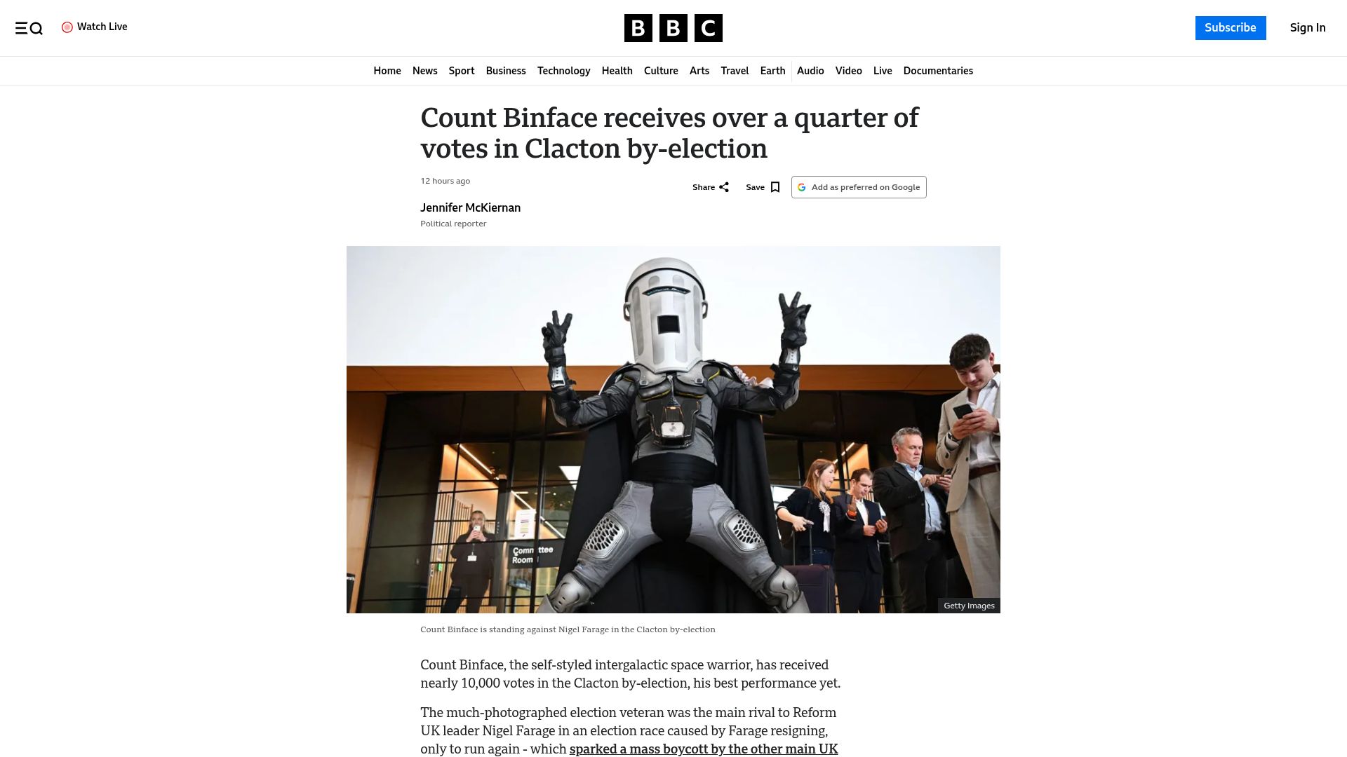 Screenshot of bbc.com: Count Binface receives over a quarter of votes in Clacton by-election