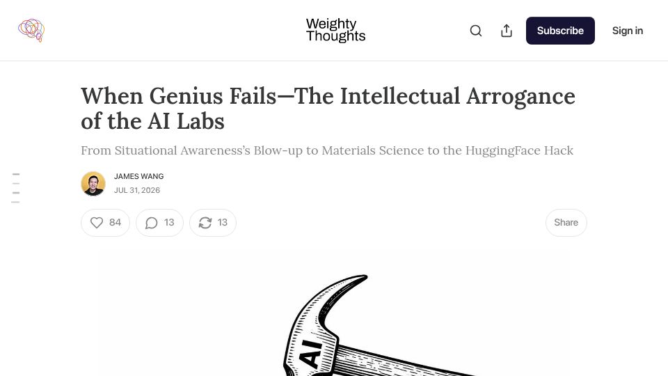 Screenshot of weightythoughts.com: When Genius Fails: The Intellectual Arrogance of the AI Labs