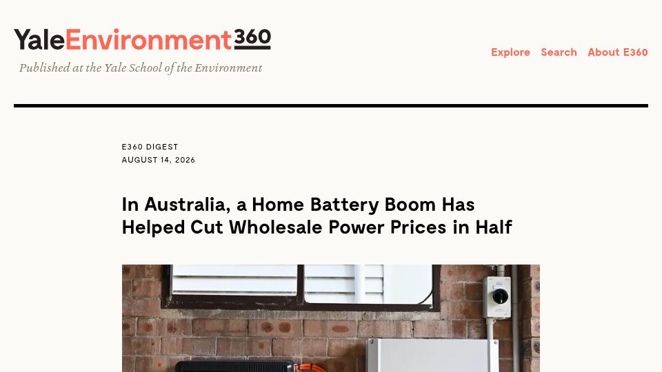 Screenshot of e360.yale.edu: In Australia, a home battery boom has helped cut wholesale power prices