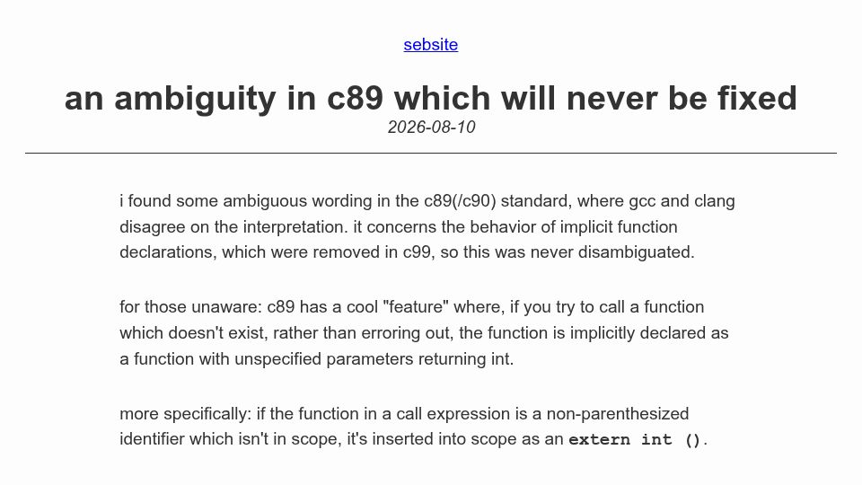 Screenshot of sebsite.pw: an ambiguity in C89 which will never be fixed