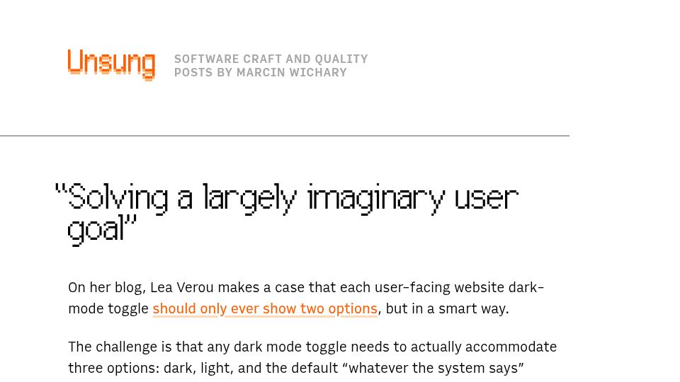 Screenshot of unsung.aresluna.org: "Solving a largely imaginary user goal"