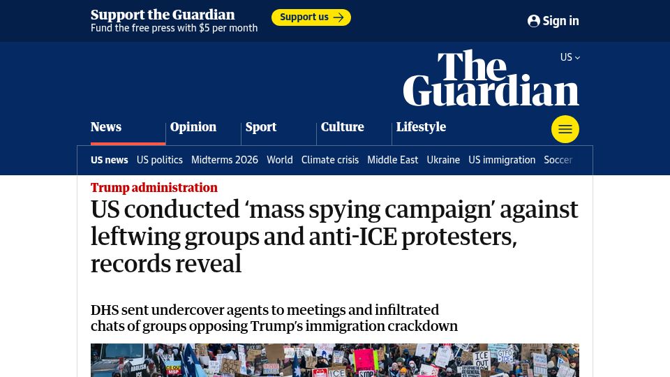 Screenshot of theguardian.com: US conducted mass spying campaign against leftwing and anti-ICE protesters