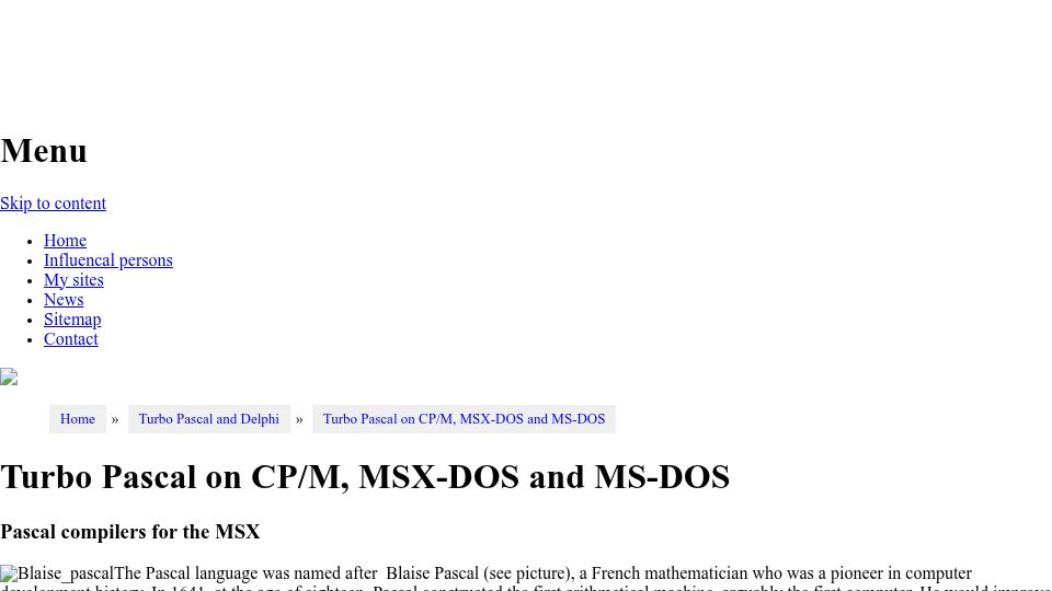 Screenshot of pascal.hansotten.com: Turbo Pascal on CP/M, MSX-DOS and MS-DOS