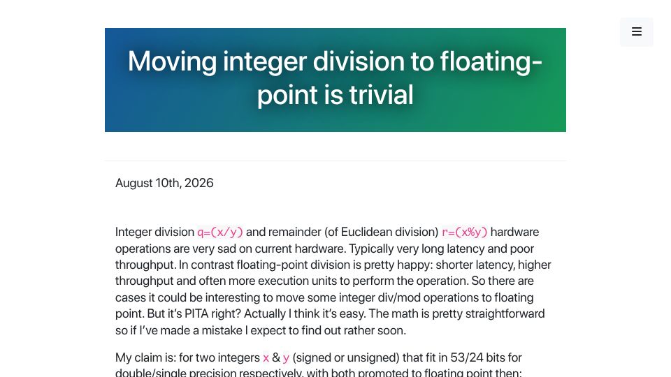 Screenshot of marc-b-reynolds.github.io: Moving integer division to floating-point is trivial