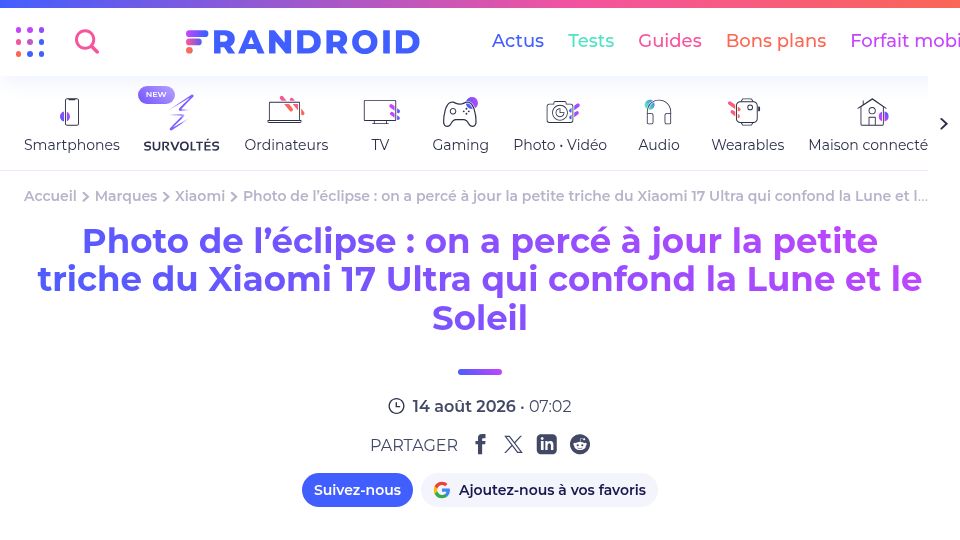 Screenshot of frandroid.com: Eclipse: The Xiaomi 17 Ultra Confuses the Moon and the Sun